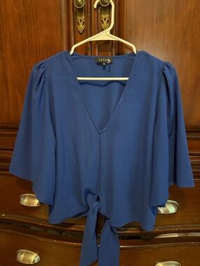 1. State Deep Blue V-Neck Tie-Front Blouse